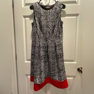 Black and White Houndstooth Sleeveless A-Line Midi Dress with Red Hem